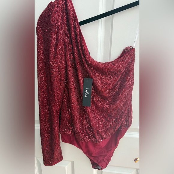 Lulus Dancing Diva Wine Red Sequin One-shoulder Bodysuit - Size M - Picture 3 of 4